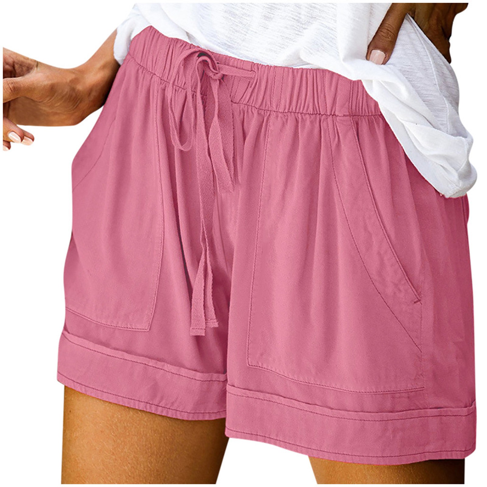 thumbnail image 5 of Pantalones cortos cómodos con cordón y cintura elástica para mujer - Pantalones holgados de color liso con bolsillos - Ropa informal de verano de poliéster, 5 of 8